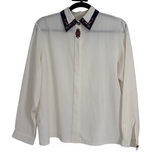 No Brand Vintage Woman's Off-White Embroidered Collared Button Up Blouse Size L